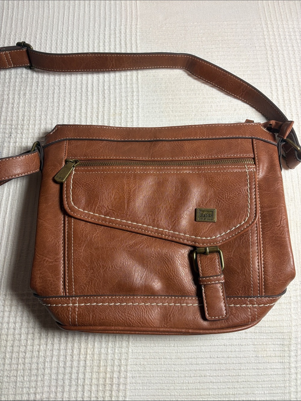 Women's Tan Faux Leather Crossbody Bag with Front Flap Pocket